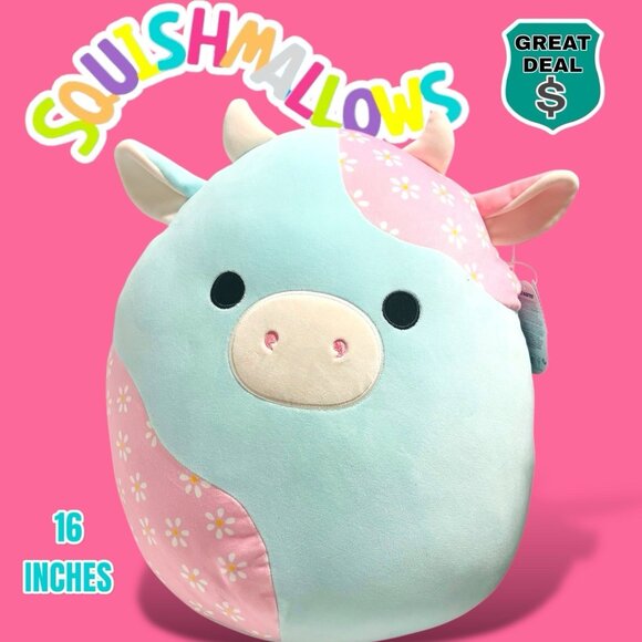 RARE Squishmallow Easter 2025 Yamaris the Cow with Daisy Print 16 inch Plush NWT - Picture 1 of 8